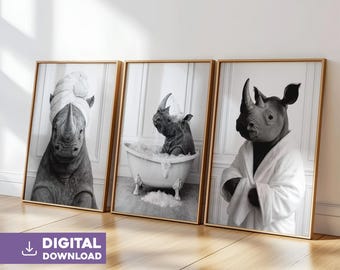 Black and white rhinoceros bathroom posters, set of 3 minimalist modern wall decor animal posters