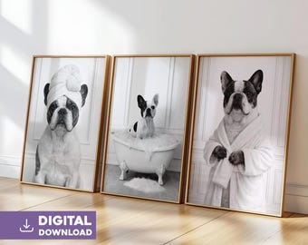 Animal bathroom posters, black and white bulldog dog in a set of 3 humorous posters