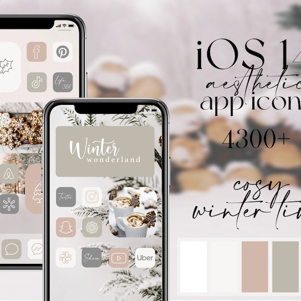 iOS icônes hiver, widgets, fonds d'écran neige couleurs neutres hiver - beige, gris, blanc, widgets exclusifs citations et images