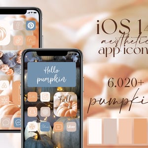 May include: Two iPhone screens displaying a collection of custom app icons with a fall theme. The icons feature pumpkins, leaves, and other autumnal imagery. The text "Hello pumpkin" and "Fall" are visible on the screens. A color palette of beige, brown, and blue is shown below the screens.