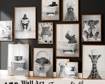 Funny bathroom wall art bundle digital — 170 animals in bathtub toilet prints decor