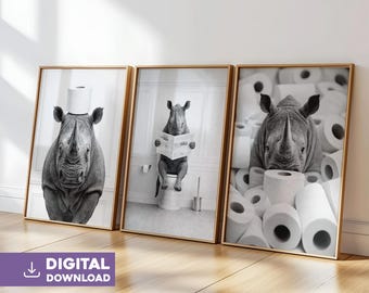 Rhino bathroom wall art set of 3 digital download funny animal toilet print