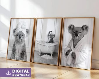 Koala posters for the bathroom, set of 3 black and white funny animal posters for wall decor