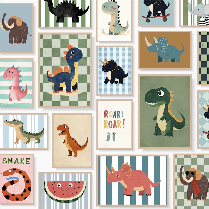 Puede incluir: Una colecci&oacute;n de ilustraciones enmarcadas de dinosaurios y animales. La obra presenta varios dinosaurios, un elefante y una serpiente, con una rodaja de sand&iacute;a y el texto "ROAR! ROAR!". La paleta de colores incluye azules, verdes y naranjas.