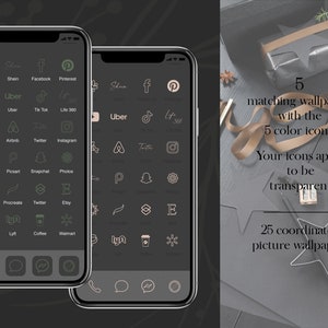 May include: Two smartphones displaying app icons in a dark green and beige color scheme. The image includes text that reads "5 matching wallpapers with the 5 color icons: Your icons appear to be transparent. 25 coordinated picture wallpapers."