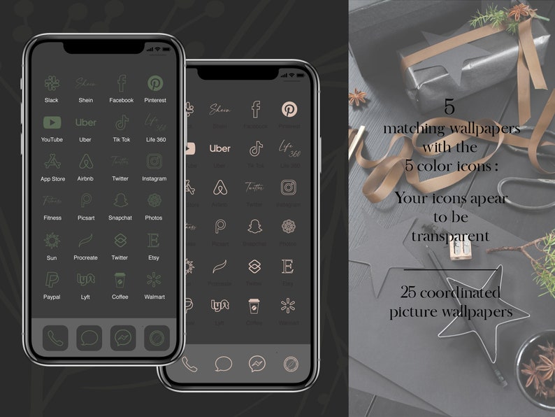 May include: Two smartphones displaying app icons in a dark green and beige color scheme. The image includes text that reads "5 matching wallpapers with the 5 color icons: Your icons appear to be transparent. 25 coordinated picture wallpapers."