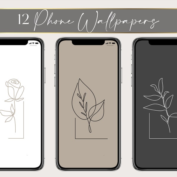 Iphone wallpapers, 12 minimalist backgrounds, botanical neutral wallpapers for smartphone, wallpaper bundle, botanical art line