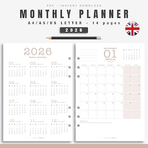 May include: A printable monthly planner for the year 2026. The planner includes a yearly calendar, a monthly calendar, and a notes section. The planner is designed for A4, A5, or US Letter size paper and has 14 pages.