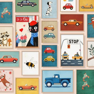 Posters décoratifs pour chambre bébé montrant dinosaures, animaux et motifs joyeux.