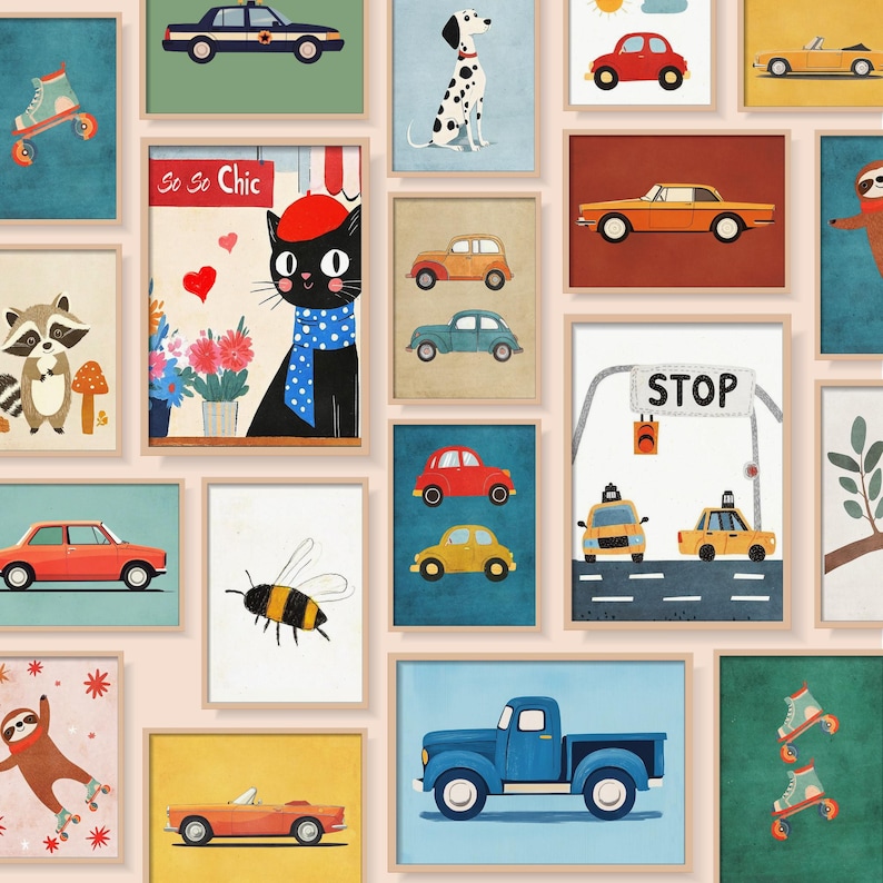 Posters décoratifs pour chambre bébé montrant dinosaures, animaux et motifs joyeux.