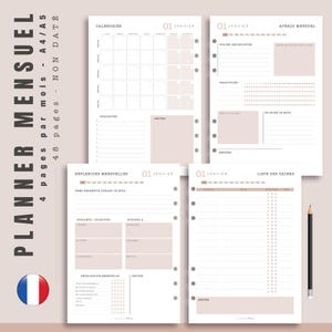 以下が含まれることがあります： カレンダー、ToDoリスト、リフレクションページを備えた月間プランナー。A4またはA5の用紙用に設計されており、日付は記入されていません。プランナーはフランス語です。