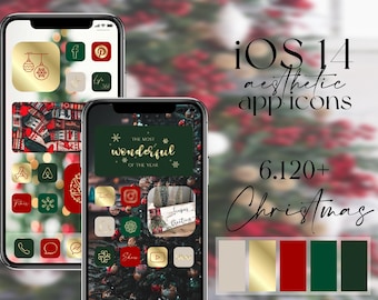 May include: A collection of Christmas-themed app icons for iOS 14. The icons feature a green and red color scheme with gold accents. The icons are displayed on a phone screen with a Christmas tree background. The text "The Most Wonderful of the Year" is displayed on one of the icons.