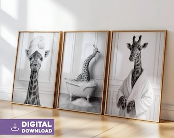 Black and white giraffe bathroom posters, set of 3 funny animal posters for wall decor