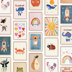 Ensemble d’illustrations murales pour enfant dans un style rétro moderne et chaleureux.