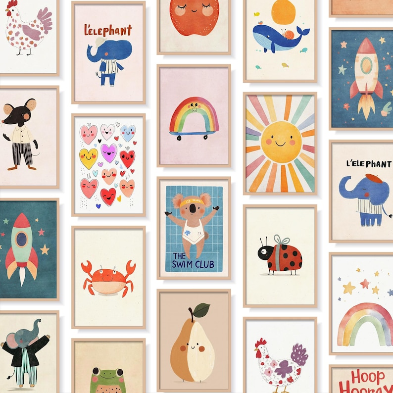 Ensemble d’illustrations murales pour enfant dans un style rétro moderne et chaleureux.