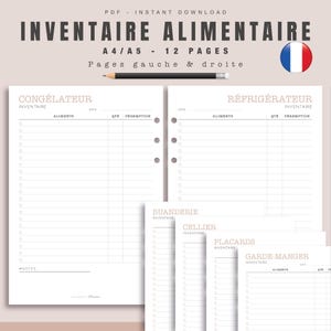 Peut inclure: Un inventaire alimentaire imprimable pour le stockage des aliments. La liste comprend des sections pour le congélateur, le réfrigérateur, le garde-manger, la cave et la buanderie. Le document est conçu pour du papier A4 ou A5 et comprend 12 pages.