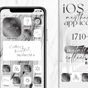 Witte en metaalgrijze iOS14 iPhone-app-pictogrammen - metalen widgets en esthetische pictogrammen voor iPhone iOS 14-afbeelding en -tekst