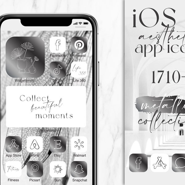 iOS14 iPhone White und grau metallisierte iPhone-App-Symbole - Metall Widgets und ästhetische Symbole für iPhone iOS 14 Bild & Text