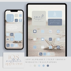 iOS beach blue app icons, neutral beige and blue homescreen pack - aesthetic original set for iPhone and iPad - widgets and wallpapers