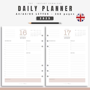 Agenda diaria 2025 beige para imprimir - 1 página por día - Agenda fechada imprimible en formatos A4, A5 y carta US - Recambio para agenda