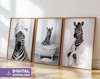 Zebra posters for bathroom, set of 3 black and white illustrations, funny animal wall decor
