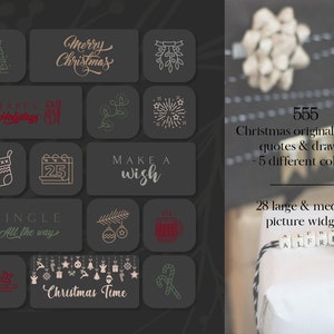 May include: A collection of Christmas-themed digital widgets on a dark gray background. The widgets feature festive illustrations and text, including "Merry Christmas," "Happy Holidays," and "Christmas Time." The image also includes text that says "555 Christmas original widgets quotes & drawing - 5 different colors - 28 large & medium picture widgets."
