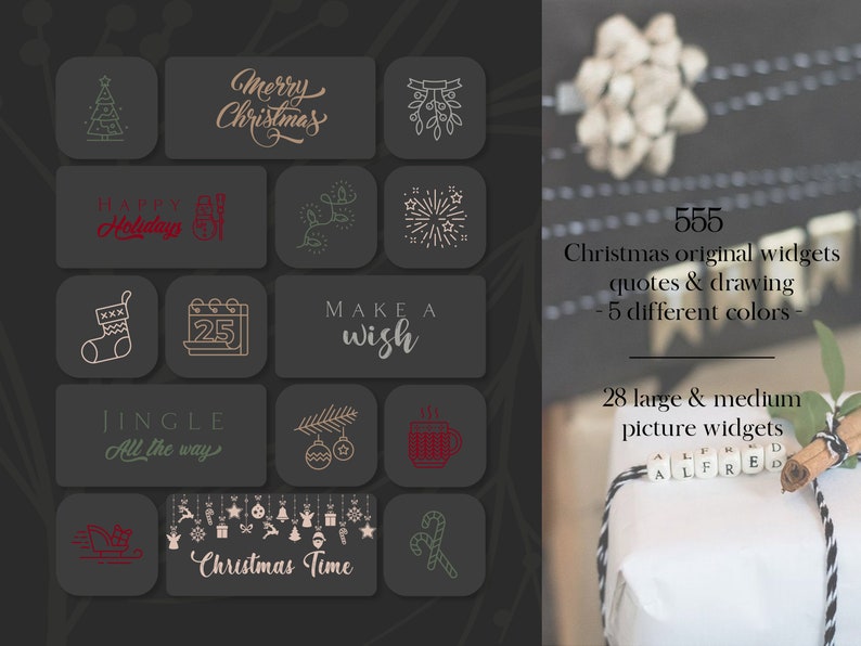 May include: A collection of Christmas-themed digital widgets on a dark gray background. The widgets feature festive illustrations and text, including "Merry Christmas," "Happy Holidays," and "Christmas Time." The image also includes text that says "555 Christmas original widgets quotes & drawing - 5 different colors - 28 large & medium picture widgets."