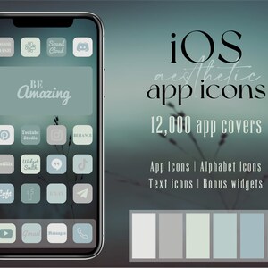 Könnte beinhalten: Ein Mockup eines iPhone-Bildschirms mit grünem Hintergrund und verschiedenen App-Symbolen. Die Symbole sind in einem Raster angeordnet und alle in einer gedämpften Farbpalette gehalten. Der Text "BE Amazing" befindet sich oben auf dem Bildschirm. Der Text "iOS aesthetic app icons" befindet sich auf der rechten Seite des Bildes. Der Text "12,000 app covers" befindet sich unter dem Text "iOS aesthetic app icons". Der Text "App icons | Alphabet icons" befindet sich unter dem Text "12,000 app covers". Der Text "Text icons | Bonus widgets" befindet sich unter dem Text "App icons | Alphabet icons".