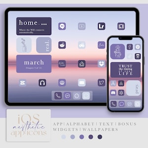 Purple iOS app pack, neutral lavander homescreen pack - aesthetic original set for iPhone and iPad - widgets and wallpapers