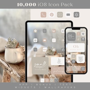 May include: A digital illustration of a phone screen with a variety of app icons in a neutral color palette. The icons are arranged in a grid pattern and include icons for social media, music, and other apps. The text "small steps everyday" and "Give this world good energy" are also visible on the screen.
