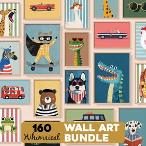 Peut inclure: Ensemble d'impressions d'art mural encadrées avec des illustrations d'animaux fantaisistes. L'œuvre comprend divers animaux tels qu'un guépard, un zèbre, un chat, un chien, un ours et un crocodile, chacun avec des tenues et des accessoires uniques. Le texte "160 Whimsical Wall Art Bundle" est affiché.