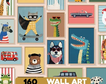 Kids wall art bundle digital download — 160 cool whimsical animal prints boys room