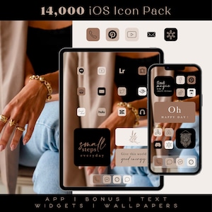 May include: A digital mockup of an iPhone and iPad screen with a black background and brown icons. The icons are arranged in a grid pattern and include social media apps, streaming services, and other popular apps. The text "small steps everyday" is displayed on a black icon. The text "Give this world good energy" is displayed on a brown icon. The text "find magic in the small things" is displayed on a brown icon. The text "Oh HAPPY DAY!" is displayed on a brown icon.