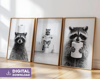 Raccoon bathroom wall art set of 3 digital download funny animal toilet print