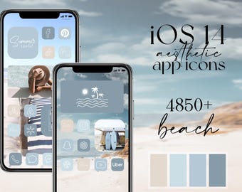 iOS 14 beach app icons, blue beach pack icons, aesthetic line art and picture widgets, wallpapers - boho blue widgets
