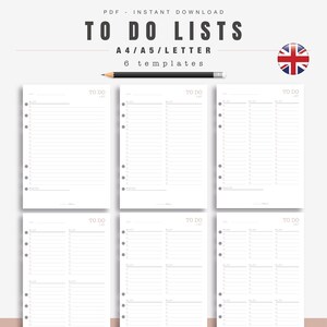 Puede incluir: Seis plantillas de lista de tareas imprimibles en tamaños A4, A5 y Letter. Cada plantilla tiene un diseño simple con un encabezado que dice "To Do List".