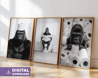 Gorilla bathroom wall art set of 3 digital download funny animal toilet print