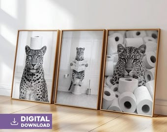 Leopard bathroom wall art set of 3 digital download funny animal toilet print