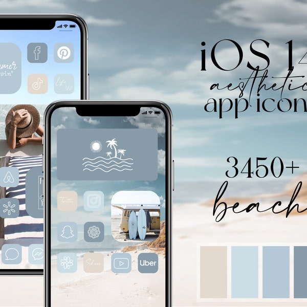 iOS 16 strandpictogrammen, widgets, achtergronden - Blauwe en beige app-pictogrammen, widgetscitaten en zeebeelden