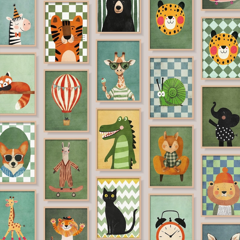 May include: A series of framed animal illustrations. The artwork features a variety of animals, including a zebra, tiger, bear, giraffe, and crocodile, each with a unique design. The color palette includes greens, oranges, and browns.