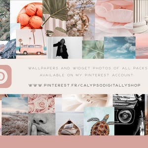 May include: A collage of images featuring various themes, including nature, travel, and cityscapes. The text "WALLPAPERS AND WIDGET PHOTOS OF ALL PACKS AVAILABLE ON MY PINTEREST ACCOUNT WWW.PINTEREST.FR/CALYPSODIGITALLYSHOP" is displayed in the center of the image.