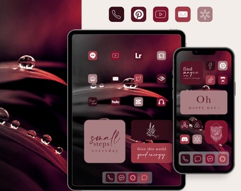Op de afbeelding: Een digitale illustratie van een telefoon- en tabletscherm met een rood en bordeauxrood kleurenschema. De schermen zijn gevuld met app-pictogrammen en tekst, waaronder "small steps everyday", "Give this world good energy", "find magic in small things" en "Oh HAPPY DAY!"