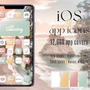 May include: A mockup of an iPhone screen with a variety of app icons in a pastel color scheme. The icons are arranged in a grid pattern and feature a beach scene in the background. The text "iOS aesthetic app icons" and "12,000 app covers" is displayed at the top of the image. The text "App icons | Alphabet icons Text icons | Bonus widgets" is displayed below the image. A color palette of white, yellow, pink, and green is displayed at the bottom of the image.