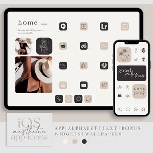 iOS neutral beige and black app icons, minimalist homescreen pack - aesthetic original set for iPhone and iPad - widgets and wallpapers