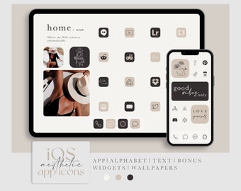 Zwarte, beige en witte pictogrammen, widgets, achtergronden - gebruik met iPhone en iPad, - complete aanpassingsset