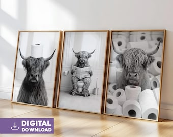 Highland cow bathroom wall art set of 3 digital download funny animal toilet print