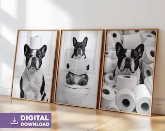French bulldog bathroom wall art set of 3 digital download funny dog toilet print