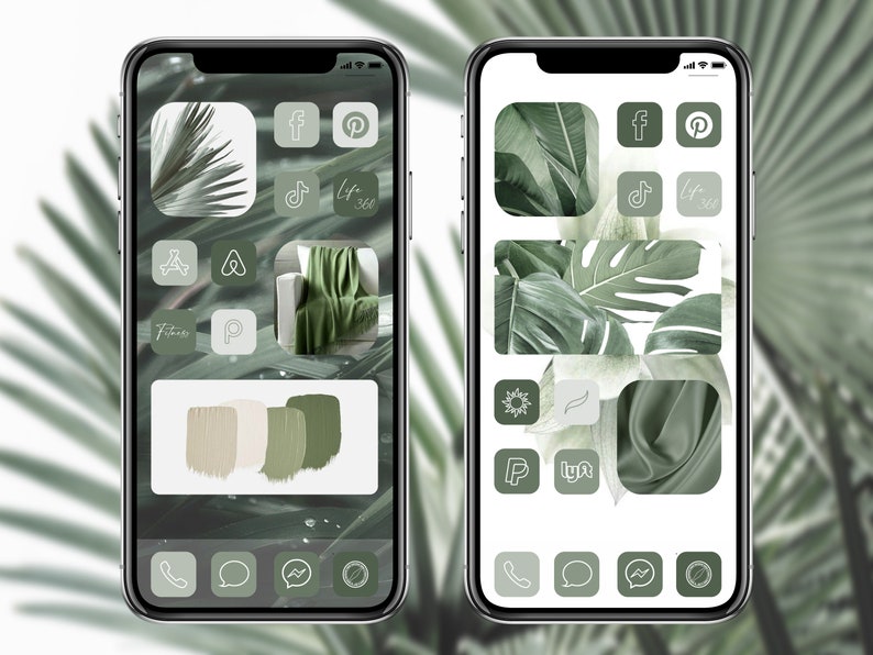 May include: Two screenshots of an iPhone displaying a green and white themed app icon layout. The icons are arranged in a grid pattern and feature images of tropical plants and leaves. The icons include apps like Facebook, Pinterest, TikTok, Instagram, and more.