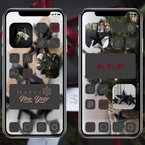 May include: Two smartphone screens displaying custom app icons with a holiday theme. One screen shows a gift box and the text "Happy New Year." The other screen has a Christmas tree and the text "Ho Ho Ho."