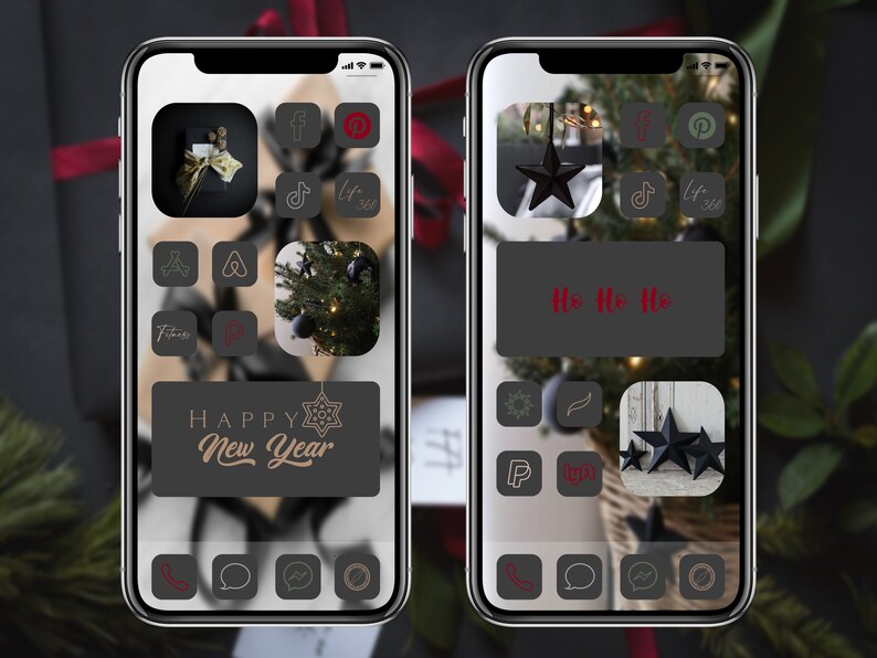 May include: Two smartphone screens displaying custom app icons with a holiday theme. One screen shows a gift box and the text "Happy New Year." The other screen has a Christmas tree and the text "Ho Ho Ho."